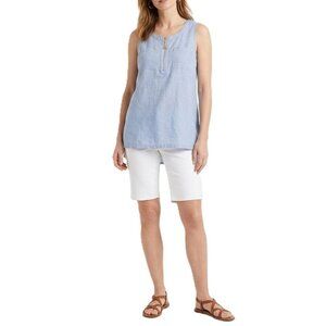 ELLEN TRACY Linen Blend Sleeveless Tunic Gold Tasseled Zipper XL Blue EUC